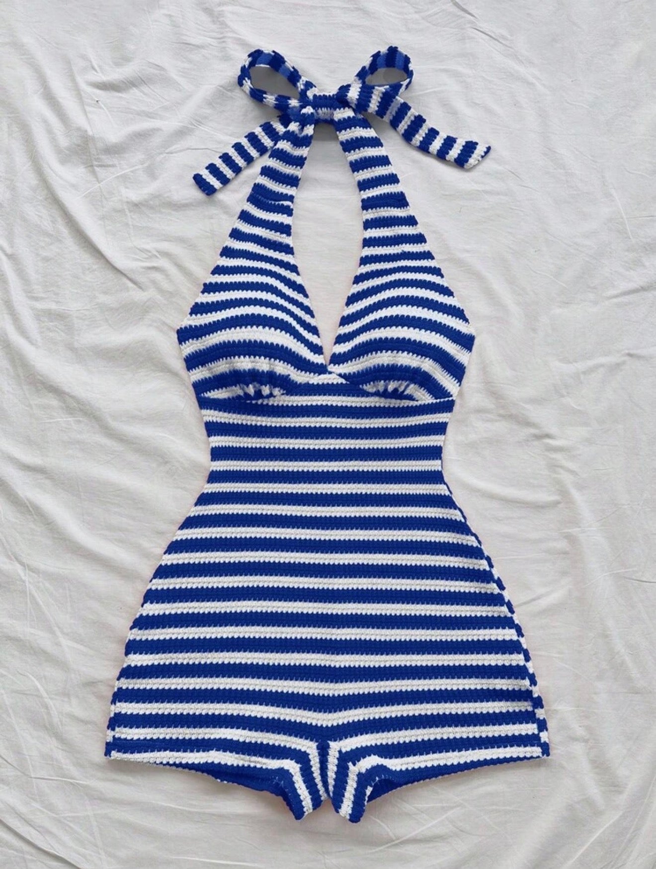 Blue and white striped romper
