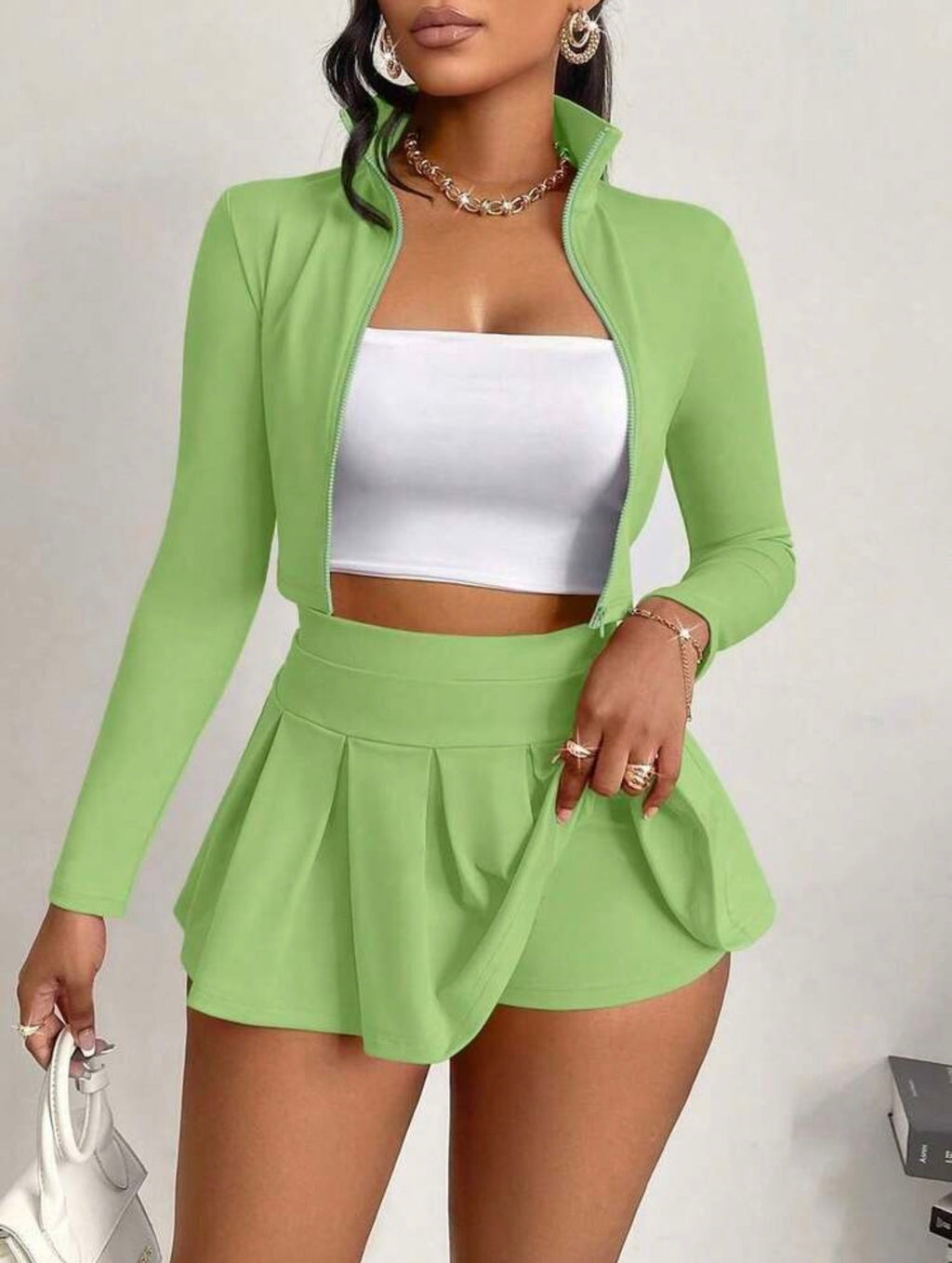 Green sexy two piece skirt short set