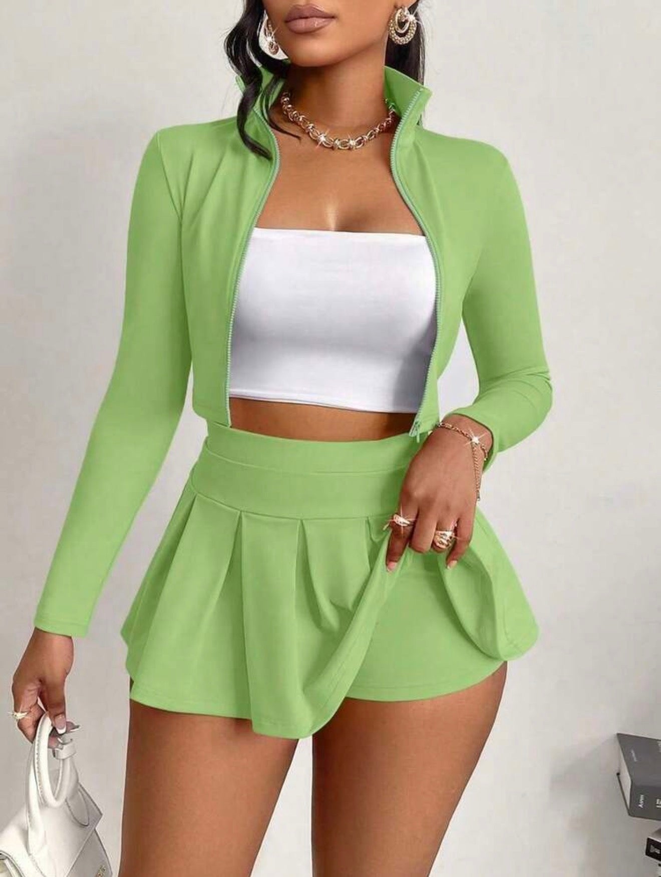 Green sexy two piece skirt short set