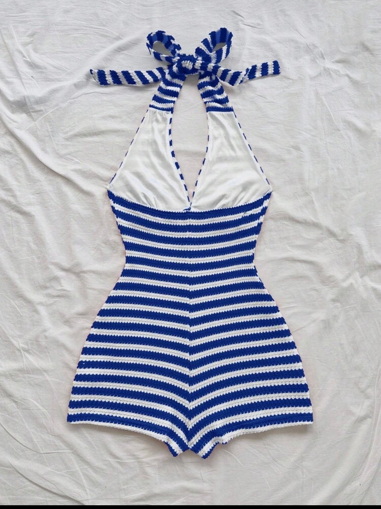 Blue and white striped romper
