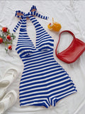 Blue and white striped romper