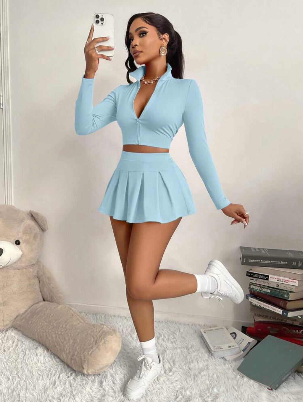 Baby blue two piece skirt/short set