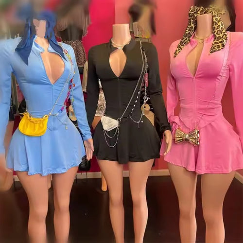 2 Piece Set Women Slim Zip Coat + Mini Pleated Skirts Clothing Sets